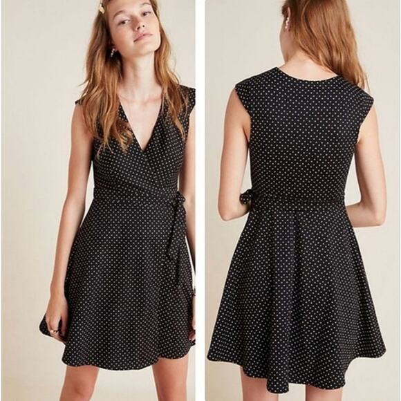 ANTHROPOLOGIE x HUTCH Ronnie Wrap Dress Black White Polka Dot {S30} - Picture 1 of 5